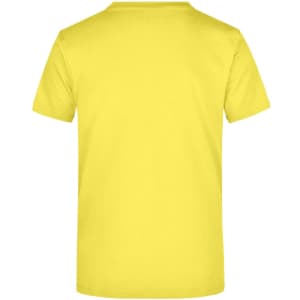 A yellow T-shirt with a standard crew neck and short sleeves, featuring a branding logo.