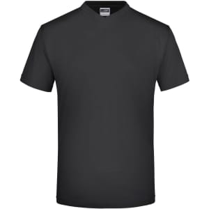 A black V-neck t-shirt featuring short sleeves and a subtle logo.