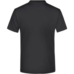 A black short-sleeved t-shirt with a plain back and a logo on the neckline.