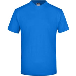 A blue V-neck T-shirt featuring short sleeves and a plain design with a logo.
