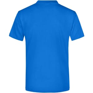A blue T-shirt with a plain design and a logo on the back. Suitable for casual wear.