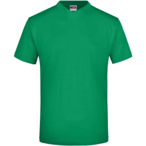 A green V-neck T-shirt with short sleeves and a plain design. It features a branding logo at the neck area.