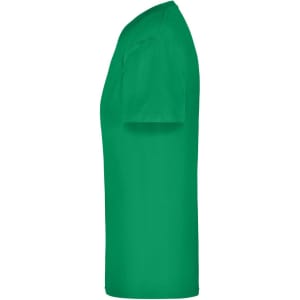 A green t-shirt displayed from the side, featuring a simple design and a logo on the fabric.
