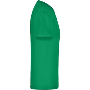 A green t-shirt with short sleeves and a simple design, featuring a logo on the fabric.