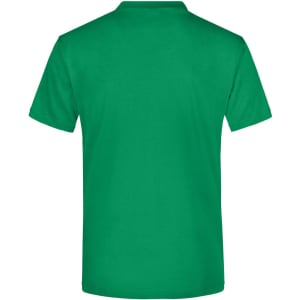 A green t-shirt with short sleeves and a simple design, featuring a logo on the back.