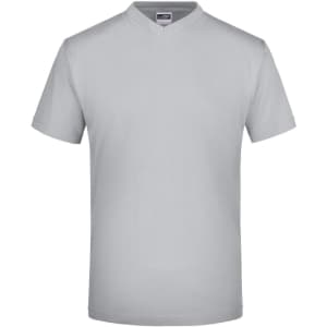 A light grey V-neck T-shirt with short sleeves and a simple design. It features a logo on the label.