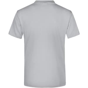 A grey t-shirt with a standard crew neckline and short sleeves. The back view is displayed. It features a logo.