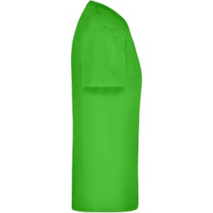 A green short-sleeve t-shirt with a plain design and a logo on one side.