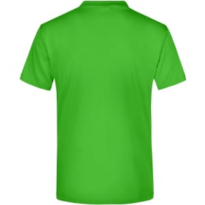 A green t-shirt with a plain back and a logo on the upper back.