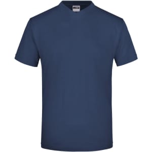 A navy blue V-neck T-shirt with short sleeves and a label inside. The shirt features a logo on the back.