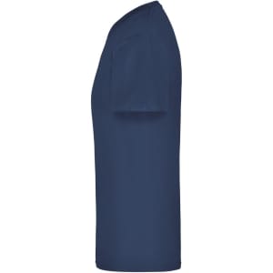 A navy blue T-shirt displayed from the side, featuring a simple design and a logo.