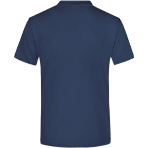 A navy blue t-shirt with a short sleeve and a plain back, featuring a logo.