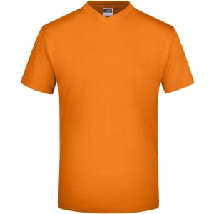 An orange V-neck T-shirt with short sleeves and a basic design, featuring a branding label.