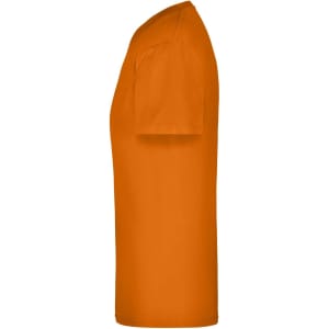 An orange t-shirt displayed from the side, featuring a simple design and short sleeves. It has a logo on it.