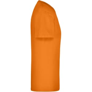 An orange t-shirt featuring a short sleeve design, with a plain side view, including a branding logo.
