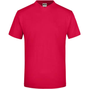 A red V-neck T-shirt with short sleeves and a label inside. The shirt features a logo.