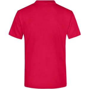 A red t-shirt with a plain back, featuring a logo at the neck area.