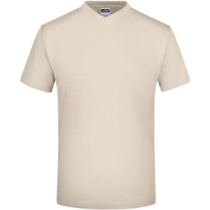 A beige V-neck T-shirt with short sleeves, featuring a logo on the label.