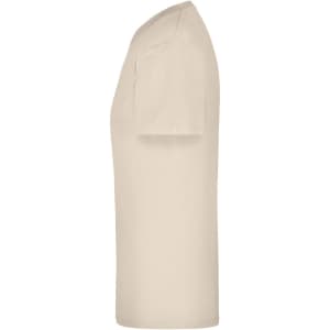 A beige T-shirt displayed from the side, featuring short sleeves and a simple design. It has a logo on the fabric.