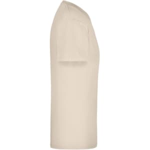 A beige t-shirt with short sleeves, shown from the side view, featuring a logo.