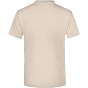 A beige T-shirt with short sleeves and a plain back, featuring a logo label.