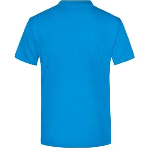 A blue V-T Medium T-shirt, short-sleeved with a plain back. Features a logo on the back.