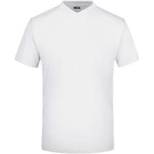 A white V-neck t-shirt featuring short sleeves and a simple design. It has a logo on the label.