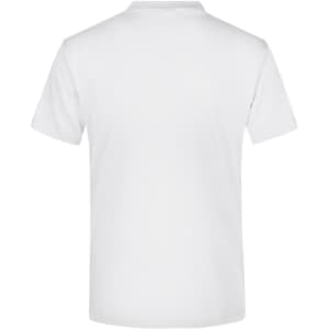 A plain white T-shirt with short sleeves and a standard crew neckline, featuring a branding logo on the back.