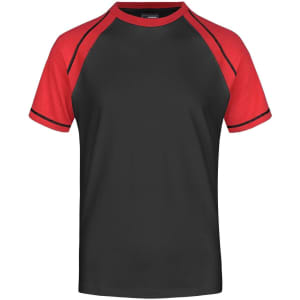 A men's raglan T-shirt featuring a black body and red sleeves, with contrasting stitching and a logo.