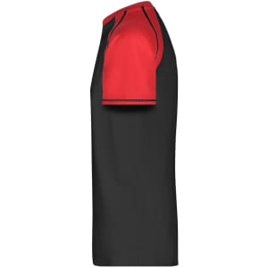 A side view of a men's raglan t-shirt featuring red sleeves and a black body. The shirt has a logo.