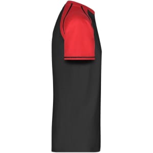 A Mens Raglan-T shirt featuring a black body with red sleeves and a logo on the front.