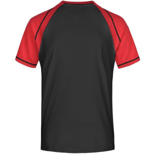 A black and red men's raglan T-shirt featuring a contrasting sleeve design and a logo on the back.