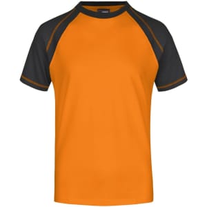 A men's raglan T-shirt featuring an orange body with black sleeves and a logo on the front.