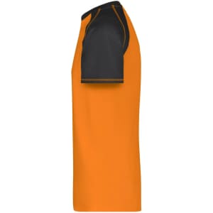 A side view of a men's raglan T-shirt featuring orange and black colours, with detailed stitching and a logo.