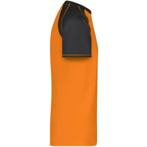 A men's raglan T-shirt in vibrant orange with black sleeves and detailing, featuring a logo on the front.