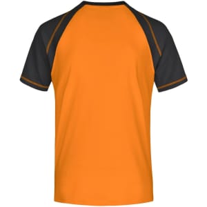 A men's raglan T-shirt featuring an orange body with black sleeves and piping. Includes a logo.