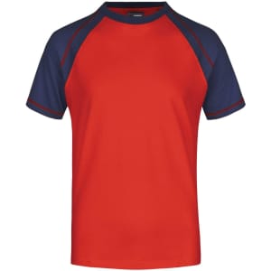 A red and navy Men's Raglan-T shirt featuring short sleeves and a logo on the front.