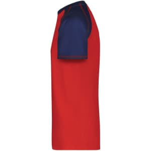 A men's raglan T-shirt featuring a red body and navy blue sleeves, with a branding logo.