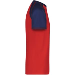A red and navy blue men's raglan t-shirt with short sleeves and a logo on the side.