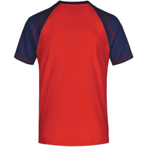 A red T-shirt with navy raglan sleeves and a logo on the back.