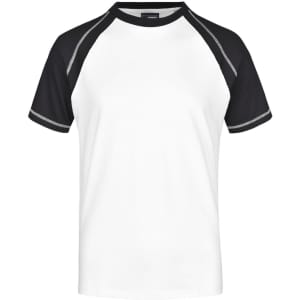 A white and black men's raglan t-shirt with short sleeves, featuring a logo on the front.