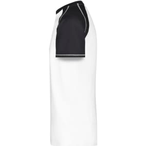 A men's raglan t-shirt featuring a white body and black sleeves, with a logo on the front.