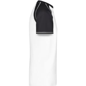 A white men's raglan t-shirt featuring short black sleeves and contrast stitching. It has a logo on one side.