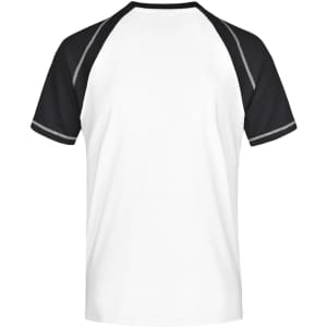 A men's raglan T-shirt featuring a white body with black sleeves and detailing, plus a branding logo.
