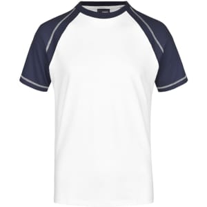 A men's raglan T-shirt featuring white fabric with navy sleeves and a logo.
