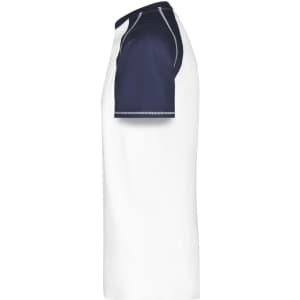 A men's raglan T-shirt featuring navy blue sleeves and a white body, with a logo on the left side.