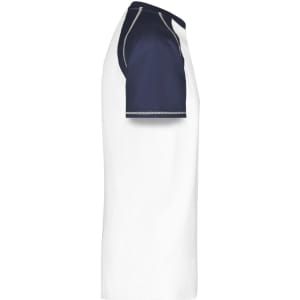 A side view of a men's raglan T-shirt featuring navy blue sleeves and a white body, with a logo on the shirt.