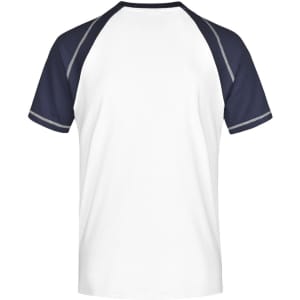 A men's raglan T-shirt featuring a white body and navy sleeves, with a slight grey accent. It has a logo.