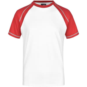 A white T-shirt with red raglan sleeves and a logo on the chest.