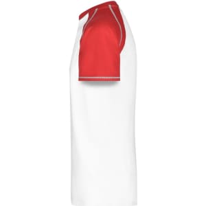 A men's raglan T-shirt featuring red sleeves and a white body, with a logo on the sleeve.